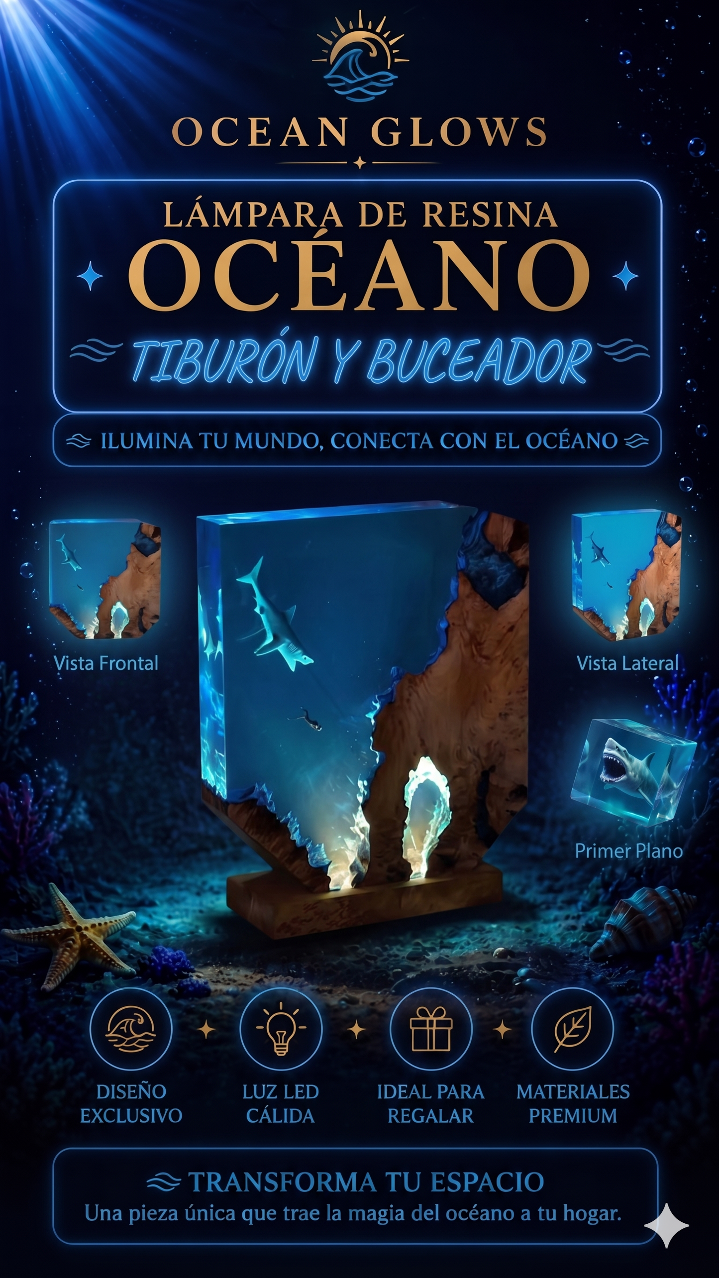 LÁMPARA OCEÁNICA - TIBURON Y BUCEADOR