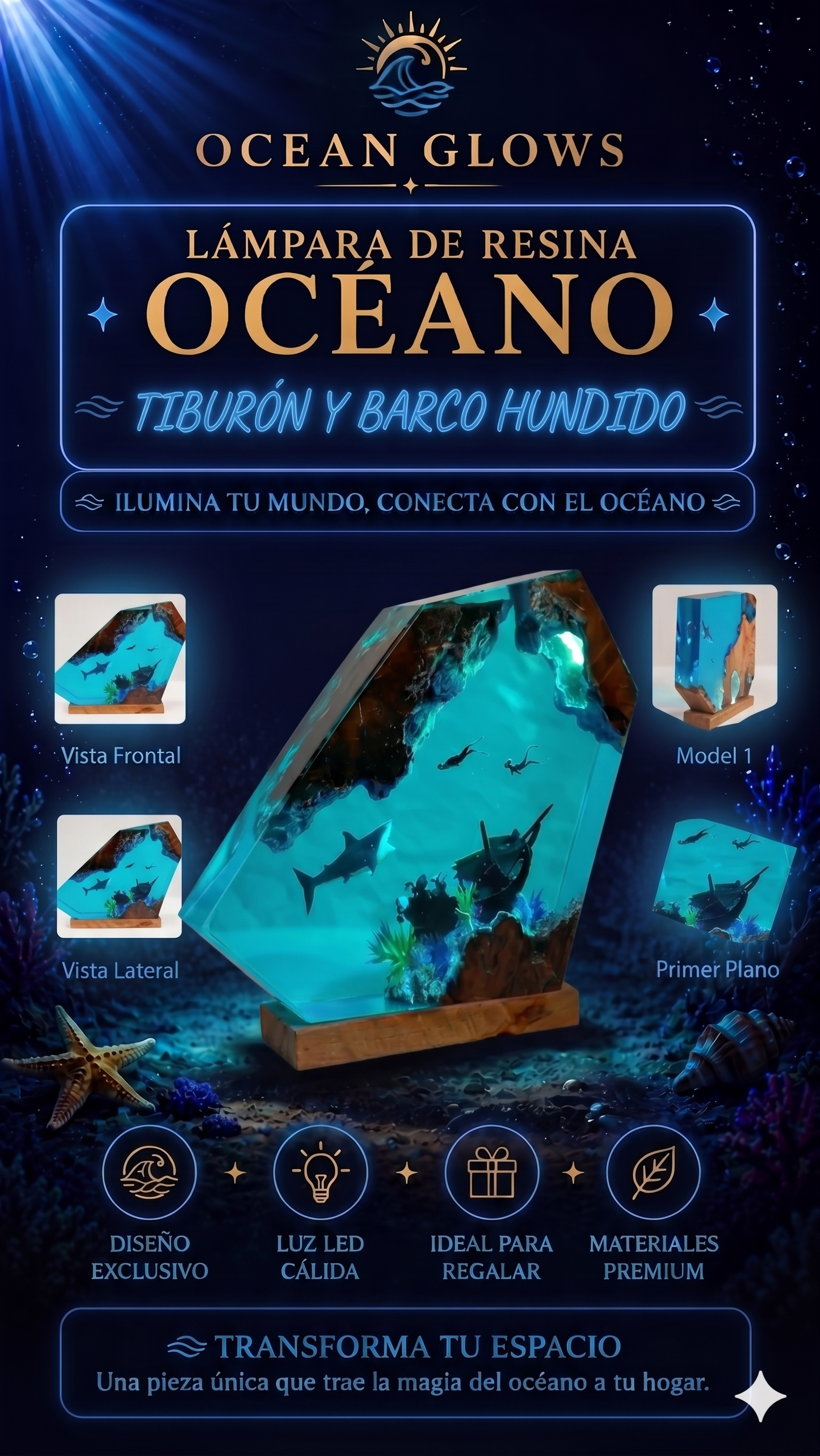 LÁMPARA OCEÁNICA - TIBURON Y BARCO HUNDIDO